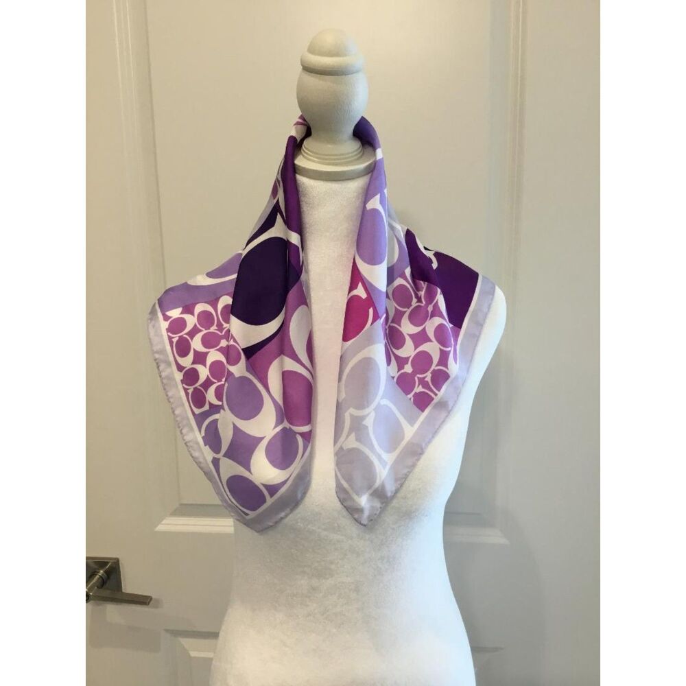 Coach Silk Scarf in Purple and Cream Signature Logo 21" Square NWOT